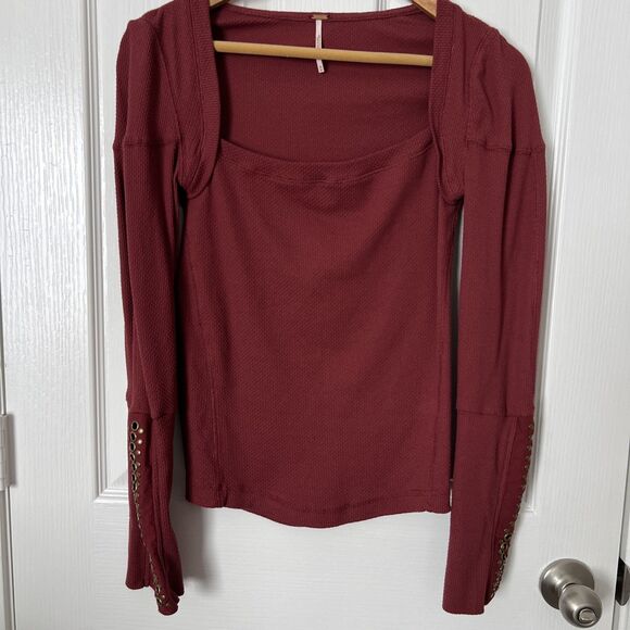 Free People Thermal Waffle Top Medium Red Jasper Square Neck A Little Unruly‎ - Picture 1 of 12